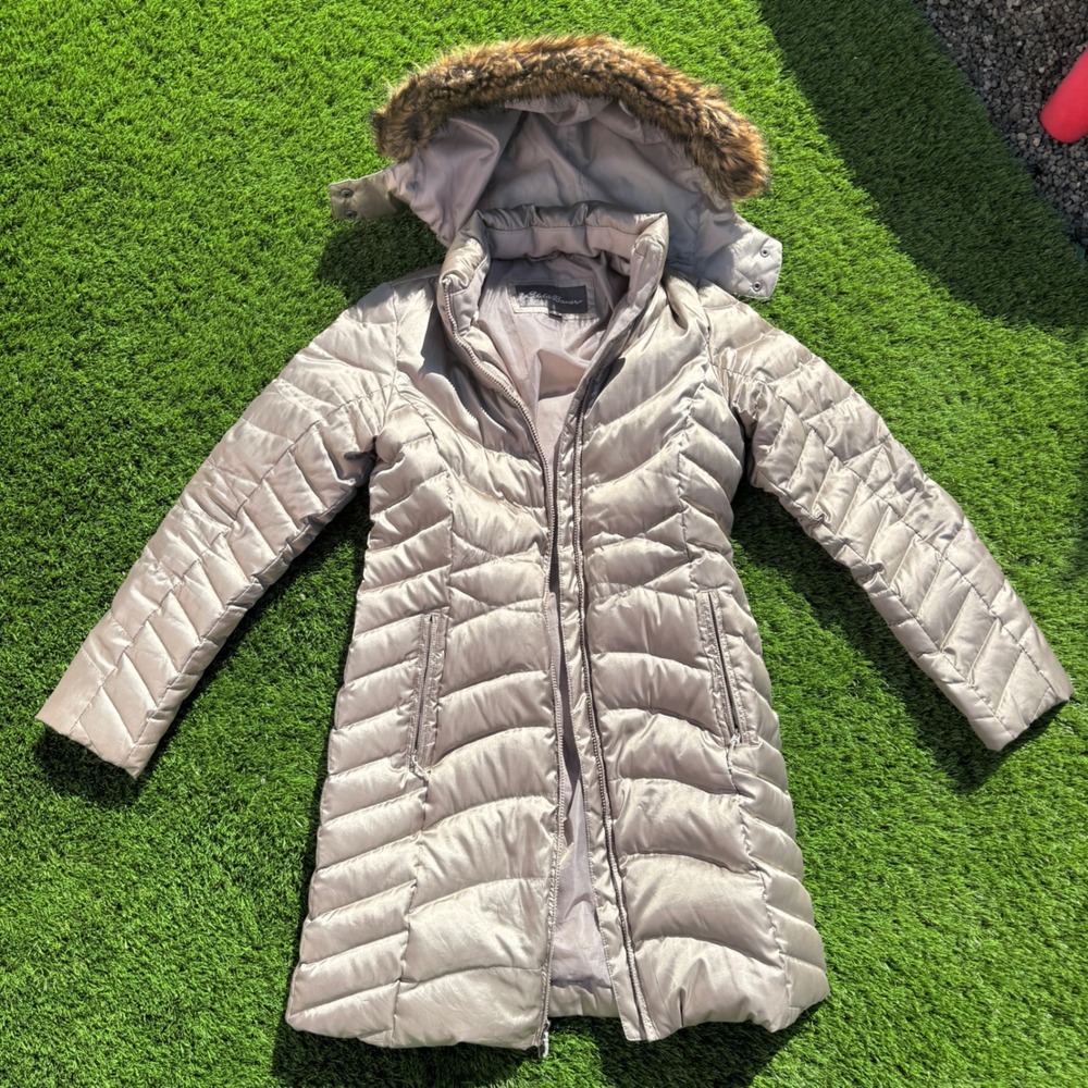 Eddie Bauer Womens S Down Puffer Parka Coat Gold Long Faux Fur Hood Winter